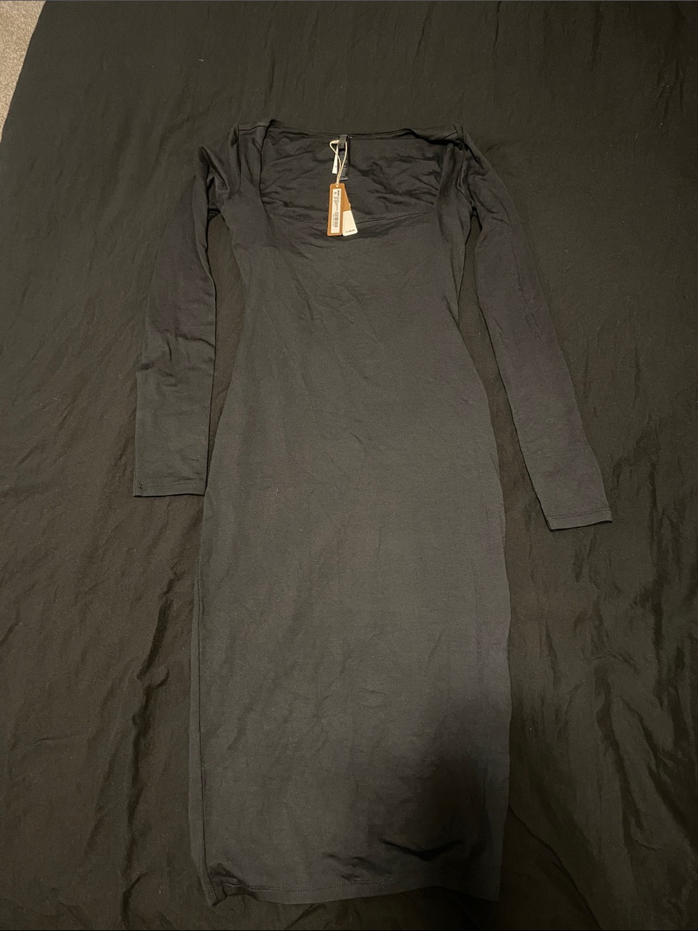Black smooth layers square neck long sleeve midi dress
